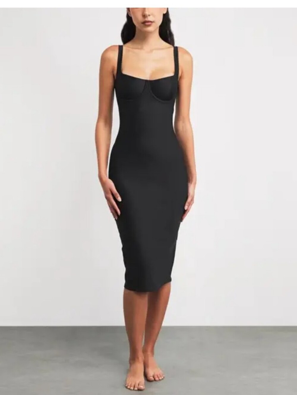 SKIMS Body Sculpting Underwire Midi Dress Black Bodycon Adjustable Straps